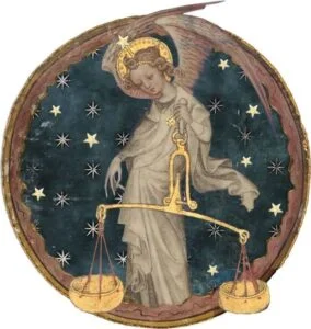 Ange astrologique tenant une balance dorée, représentation médiévale du signe de la Balance