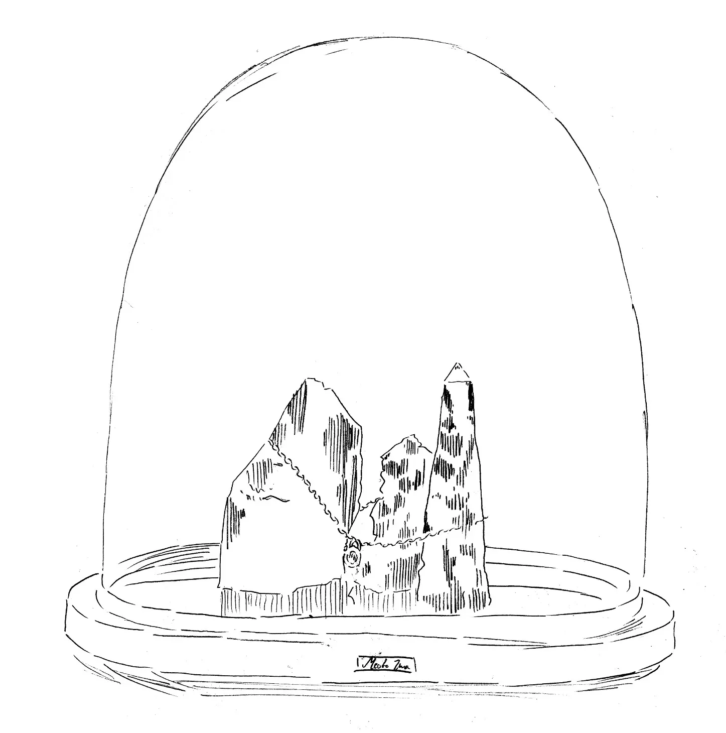 Dessin d'atelier SYMPAN Meoto Iwa — l'esquisse des rochers sacrés sous cloche, inspirée des rochers mariés du Japon